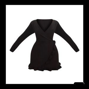 Black Long Sleeve Ruffle Wrap Dress